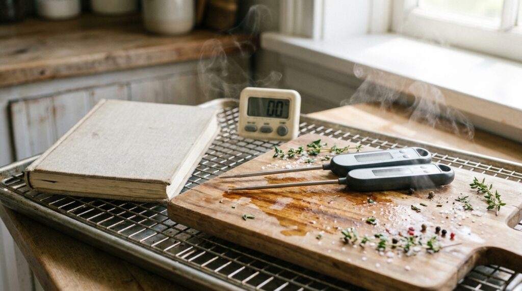 Two probe thermometers on a wooden board next to a notebook and small kitchen timer