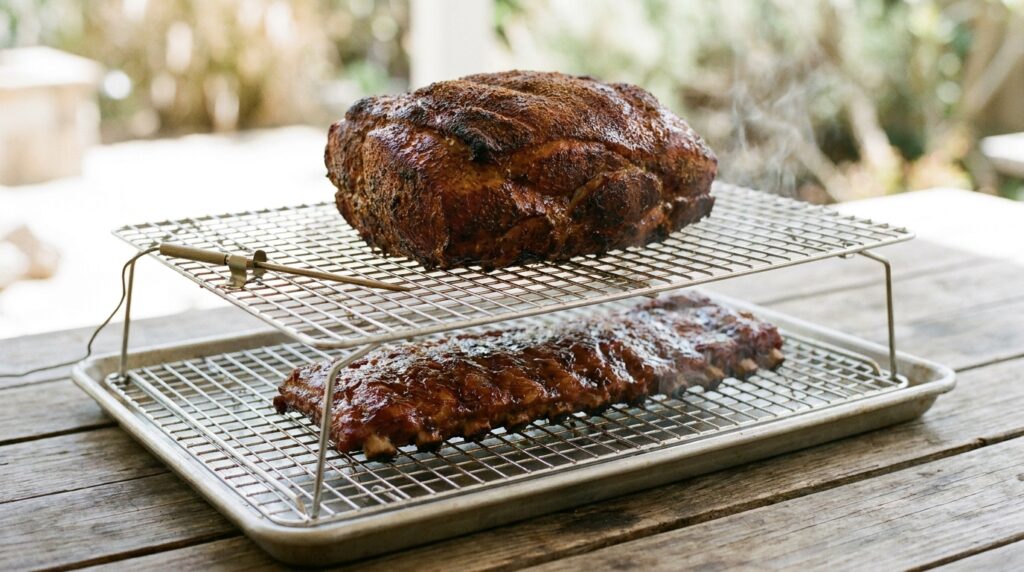 Pork butt and a rack of ribs spaced apart on a smoker grate with a grate probe clipped nearby