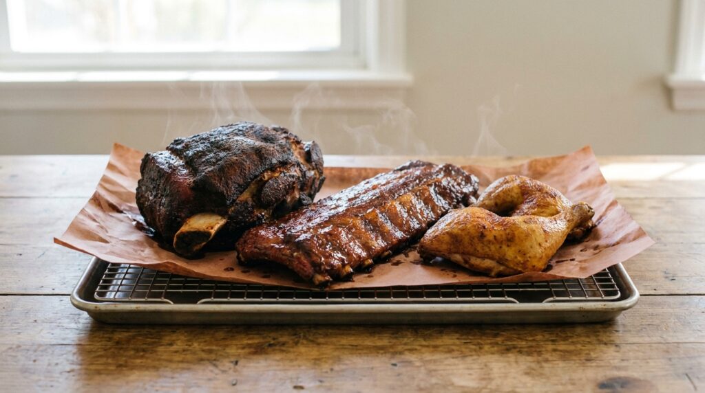 Raw pork butt, spare rib rack and two chicken leg quarters laid out on butcher paper