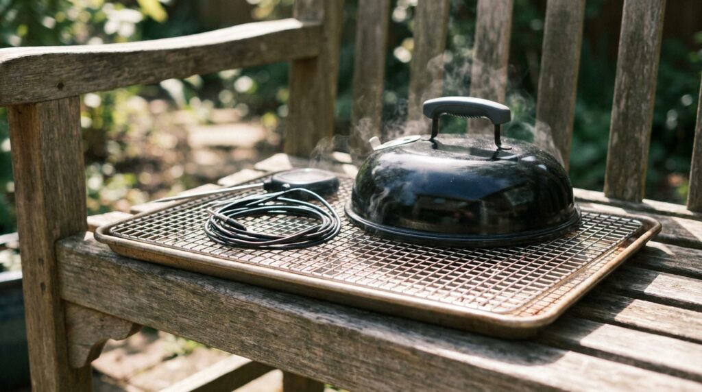 Dual-probe leave-in thermometer with coiled cables resting beside a closed kettle grill lid