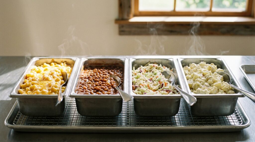 Four steam pans of mac and cheese, beans, coleslaw and potato salad with serving spoons