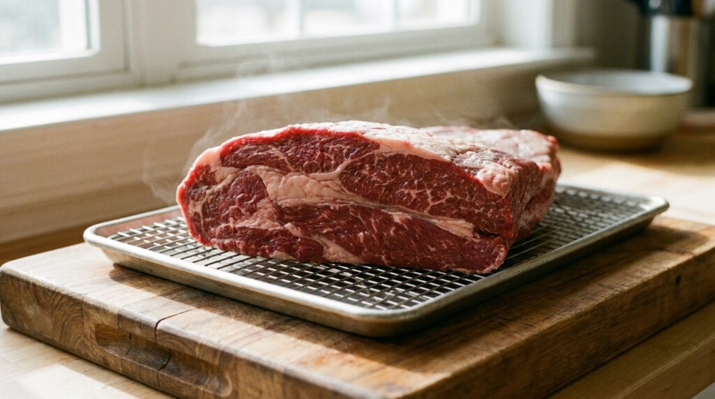 Raw brisket packer cross-section showing the connective tissue seam between the point and flat