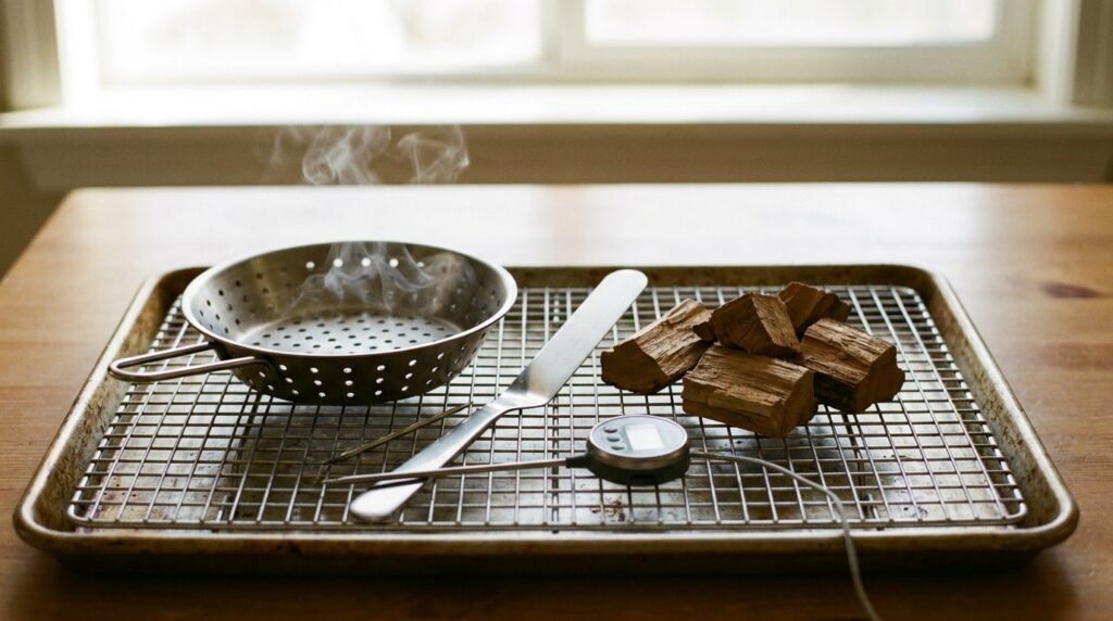 Wire rack, perforated pan, thin spatula, probe thermometer and alder chunks arranged on a work surface