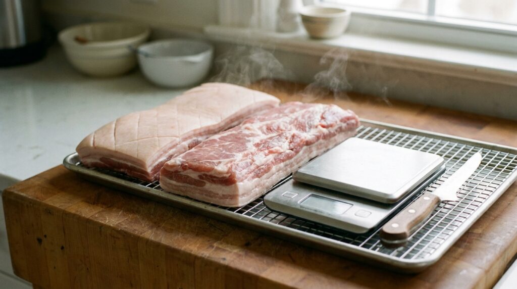Skin-on and skinless raw pork belly slabs on a butcher block with a digital scale and boning knife
