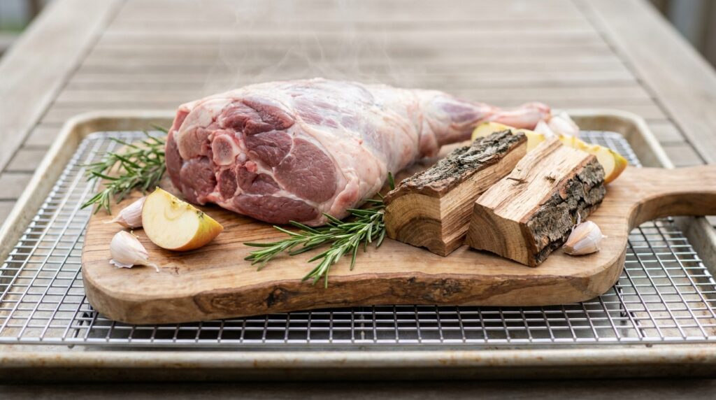 Apple, cherry and oak chunks next to a trimmed leg of lamb with rosemary and garlic