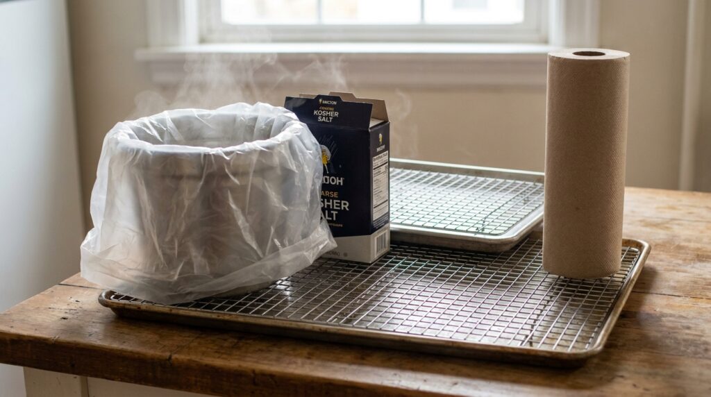 Kosher salt, food-grade bucket liner, wire rack and sheet pan arranged for dry brining a turkey